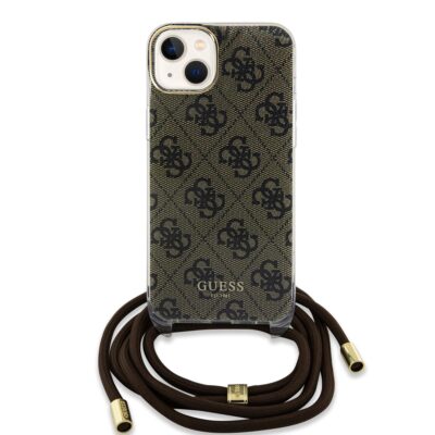 Rudas dėklas Guess IML 4G Printed Crossbody telefonui Apple iPhone 15 su monogramomis ir tamsiai ruda virvele