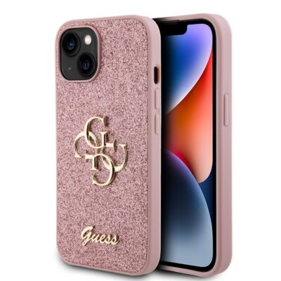 Rausvas originalus dėklas Guess PU Fixed Glitter su metaliniu logotipu Apple iPhone 13 telefonui