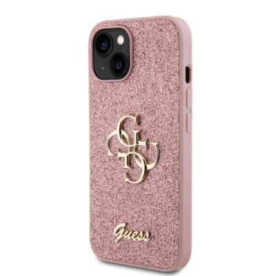 Rausvas originalus dėklas Guess PU Fixed Glitter 4G Metal Logo telefonui Apple iPhone 13 su blizgučiais ir auksiniu logotipu