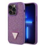 Violetinis originalus dėklas Guess Rhinestones Triangle Metal Logo telefonui Apple iPhone 15 Pro su blizgančiomis akutėmis ir trikampio formos logotipu