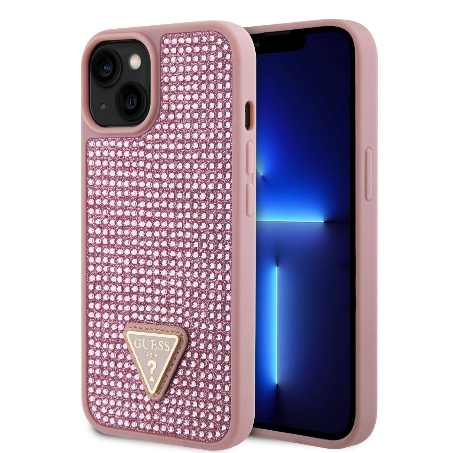 Rausvas originalus dėklas Guess Rhinestones Triangle Metal Logo telefonui Apple iPhone 15 Rausvas originalus dėklas Guess Rhinestones Triangle Metal Logo telefonui Apple iPhone 15 su blizgančiomis akutėmis ir trikampiu logotipu
