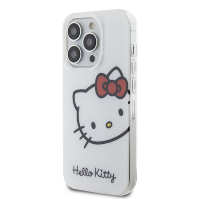 Baltas dėklas Hello Kitty IML Head Logo telefonui Apple iPhone 13 Pro su raudona kaspino iliustracija