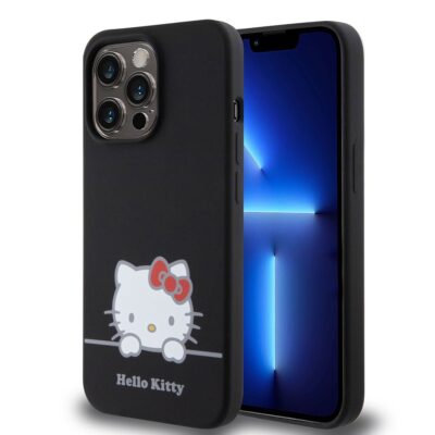 Juodas dėklas Hello Kitty Liquid Silicone Daydreaming Logo telefonui Apple iPhone 13 Pro su baltu katės piešiniu