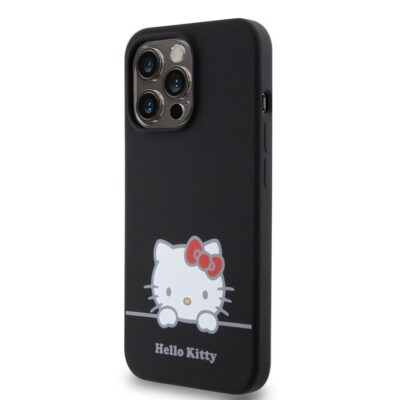 Juodas dėklas Hello Kitty Liquid Silicone Daydreaming Logo telefonui Apple iPhone 13 Pro su baltu ir raudonu piešiniu
