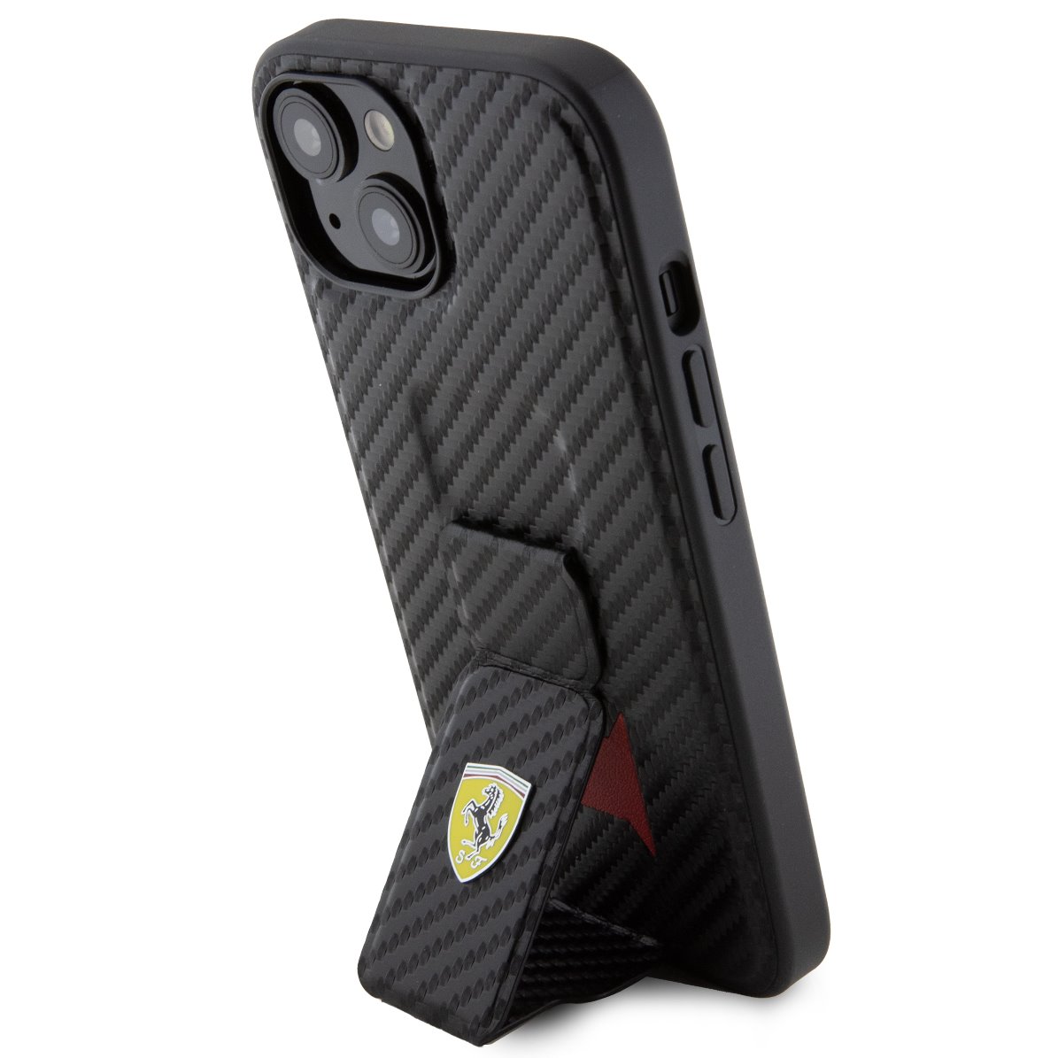 Juodas dėklas Ferrari Carbon Grip Stand telefonui Apple iPhone 15 Juodas dėklas Ferrari Carbon Grip Stand telefonui Apple iPhone 15 su anglies pluošto raštu ir stoveliu