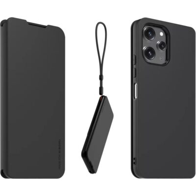 Juodas originalus dėklas Book Necklace telefonui Xiaomi Redmi 12 4G 5G su užsegimu ir virvele