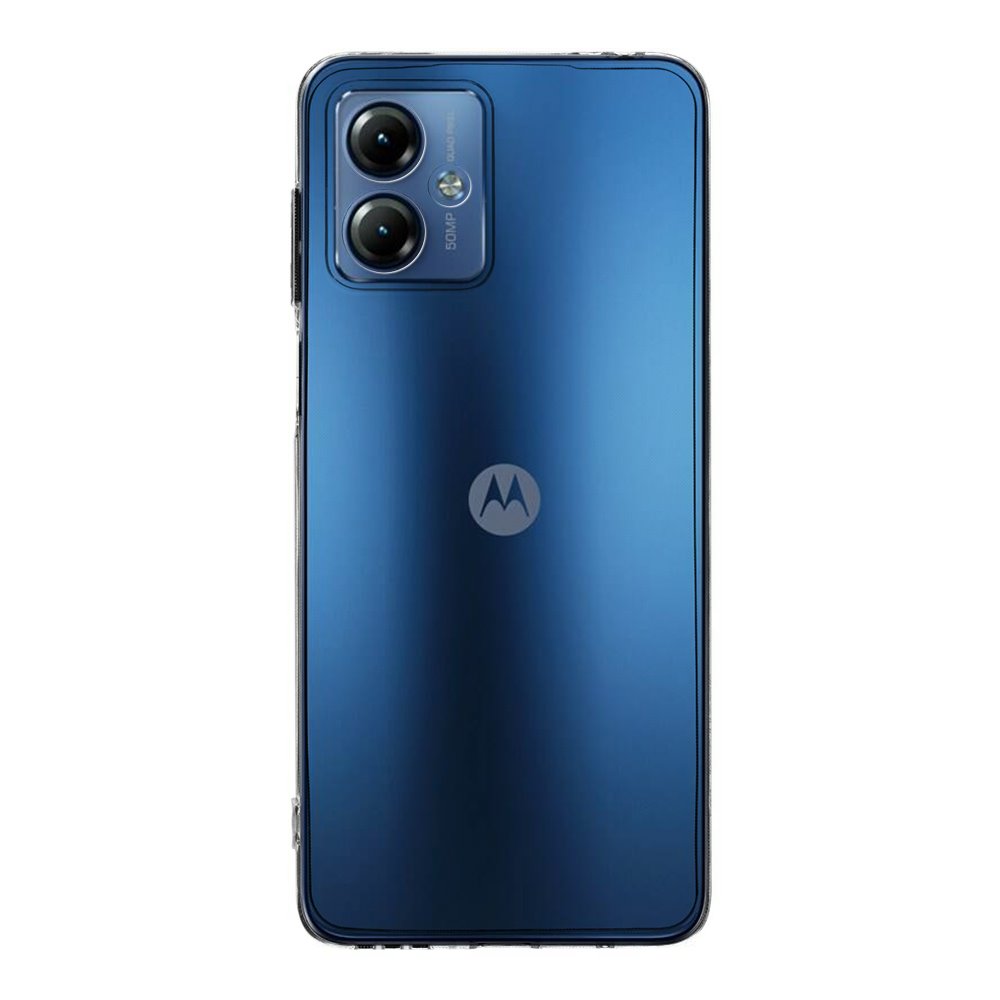 Skaidrus dėklas Tactical TPU telefonui Motorola G14 Skaidrus dėklas Tactical TPU telefonui Motorola G14 su matomu mėlynu telefonu ir dviem kameromis.