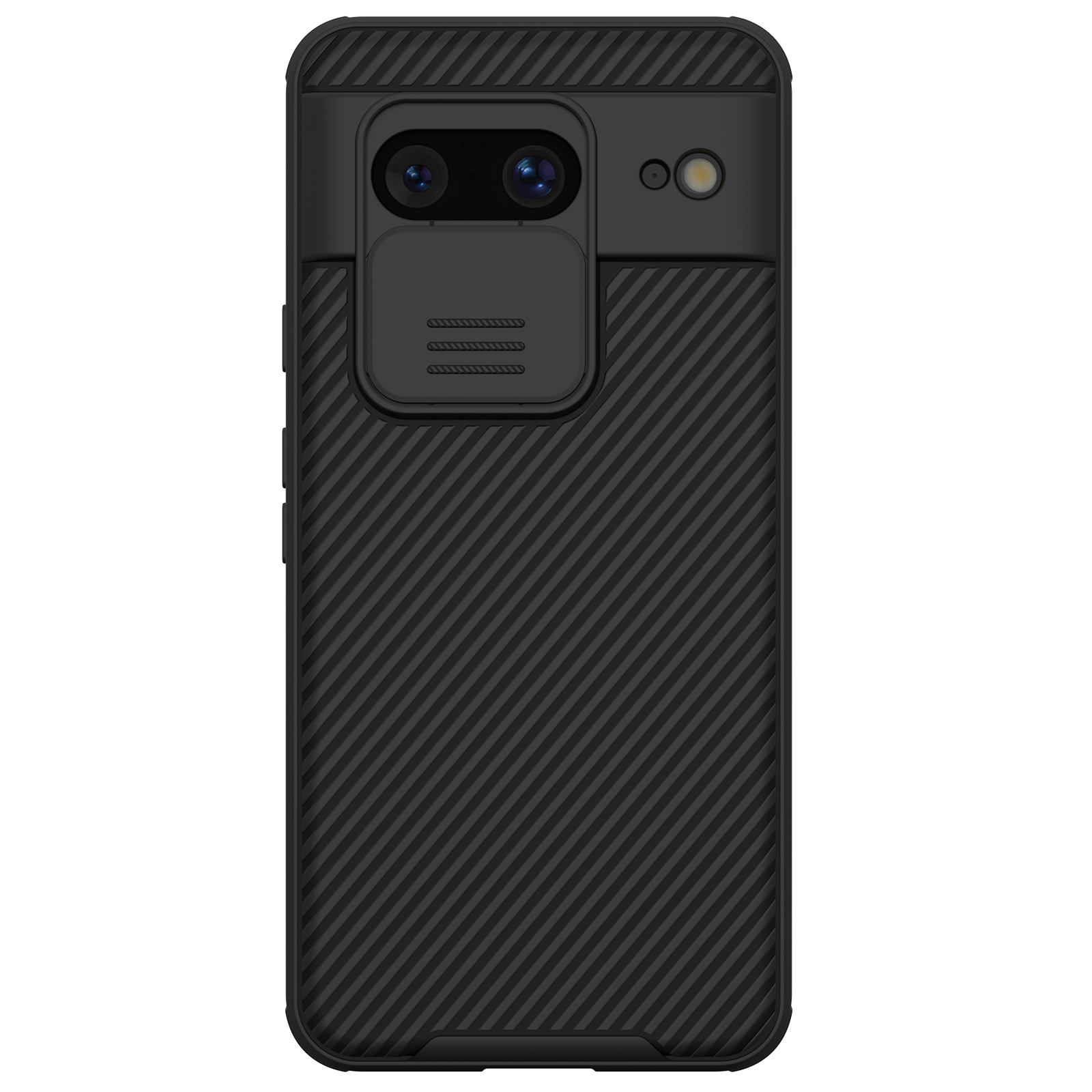 Juodas dėklas Google Pixel 8 Nillkin Camshield Juodas dėklas Google Pixel 8 Nillkin Camshield su kameros apsauga ir raštuota tekstūra