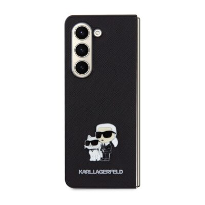 Juodas originalus atverčiamas dėklas Karl Lagerfeld Samsung Galaxy Z Fold 5 telefonui su Choupette ir Karl piešinėliu