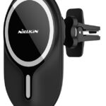 Juodas telefono laikiklis su belaidžiu pakrovimu Nillkin Magnetic Car Mount MagRoad 10W su pritvirtinimo spaustuku