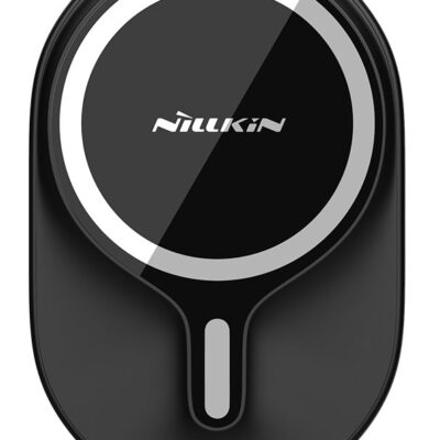 Juodas telefono laikiklis su belaidžiu pakrovimu Nillkin Magnetic Car Mount MagRoad 10W su matinio ir blizgaus paviršiaus deriniu