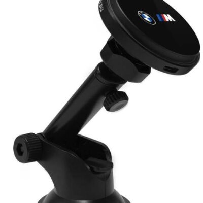Juodas telefono laikiklis su belaidžiu pakrovimu BMW M Edition Magnetic Car Holder 15W ant prietaisų skydelio su BMW logotipu ir M ženklu