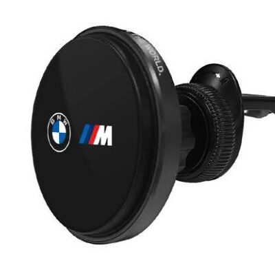Juodas telefono laikiklis su belaidžiu pakrovimu BMW M Edition Magnetic Car Holder 15W su BMW M logotipu