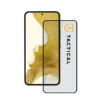 Juodas apsauginis ekrano stikliukas Samsung Galaxy S22 su Tactical Glass Shield 5D ženklu.