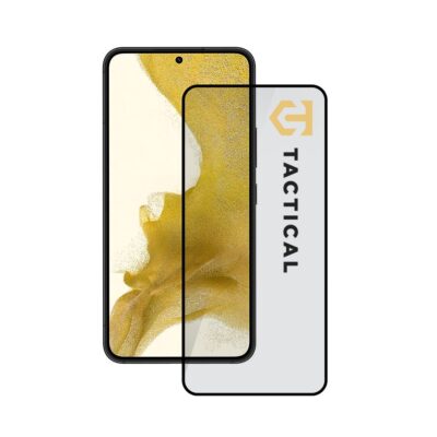 Juodas apsauginis ekrano stikliukas Samsung Galaxy S22 su Tactical Glass Shield 5D ženklu.