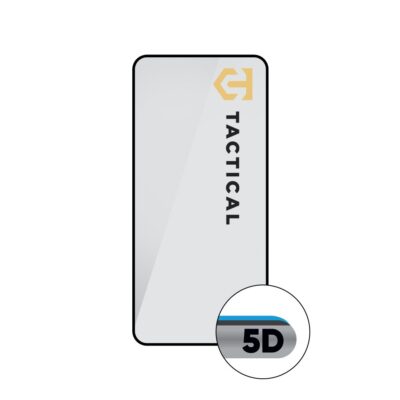 Juodas apsauginis ekrano stikliukas Samsung Galaxy S22 Tactical Glass Shield 5D su logo ir apvalinta forma.