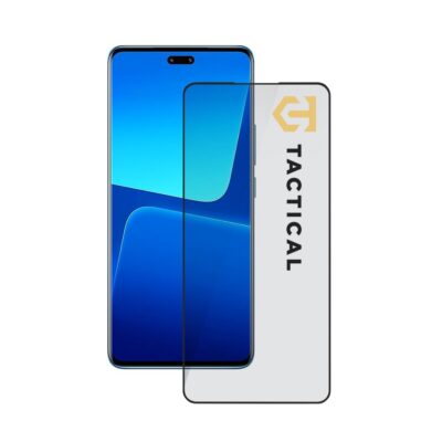 Juodas apsauginis ekrano stikliukas Xiaomi 13 Lite Tactical Glass Shield 5D prie mėlyno telefono ekrano