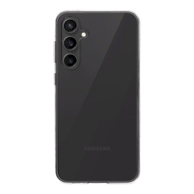 Skaidrus dėklas Tactical TPU telefonui Samsung Galaxy S23 FE 5G su matomu juodu telefonu ir trim kameromis