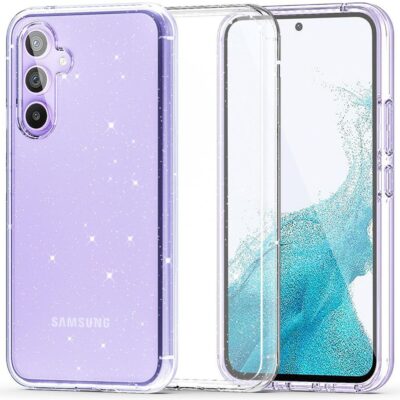 Skaidrus blizgantis dėklas Samsung Galaxy S23 FE Tech-Protect FlexAir Hybrid Glitter su matomomis kameros ir telefono ekrano detalėmis