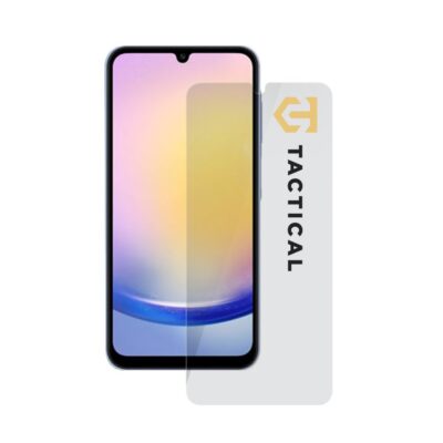 Skaidrus apsauginis stiklas telefonui Samsung Galaxy A25 5G Tactical Glass Shield 2.5D šalia telefono ekrano