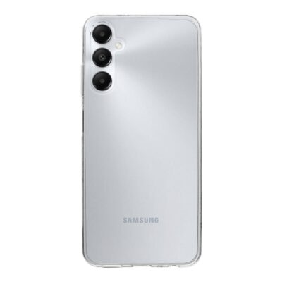 Skaidrus dėklas Tactical TPU telefonui Samsung Galaxy A05s, matomas telefono nugarėlės vaizdas su trimis kameromis