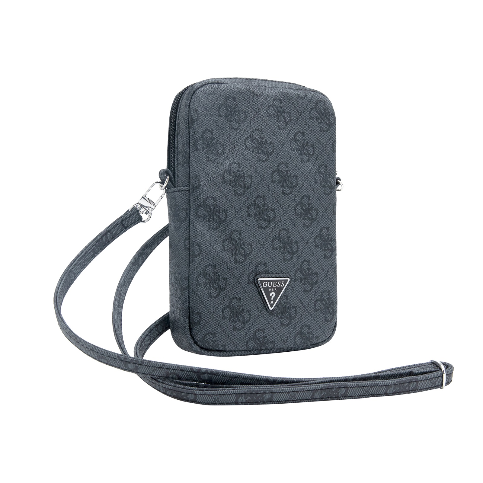 Juodas telefono krepšys Guess PU 4G Triangle Logo Wallet Phone Bag Zipper Juodas telefono krepšys Guess PU 4G Triangle Logo Wallet Phone Bag Zipper su ilgu dirželiu