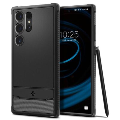 Juodas matinis dėklas Samsung Galaxy S24 Ultra su tekstūruotu apatinės dalies dizainu ir apsauga kameros objektyvams