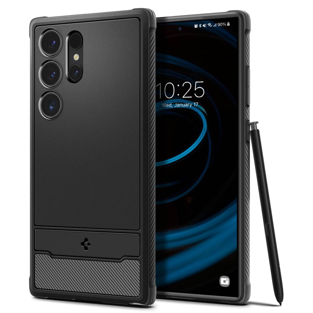 Juodas matinis dėklas Samsung Galaxy S24 Ultra Spigen Rugged Armor Juodas matinis dėklas Samsung Galaxy S24 Ultra su tekstūruotu apatinės dalies dizainu ir apsauga kameros objektyvams