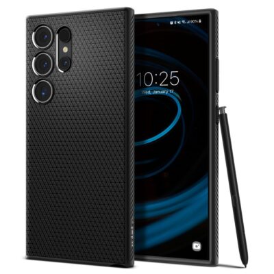 Juodas matinis dėklas Samsung Galaxy S24 Ultra Spigen Liquid Air su trikampiu raštu ir apsauga kamerai