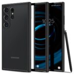 Juodas matinis dėklas Samsung Galaxy S24 Ultra Spigen Ultra Hybrid su matiniu paviršiumi ir stiklo apsauga