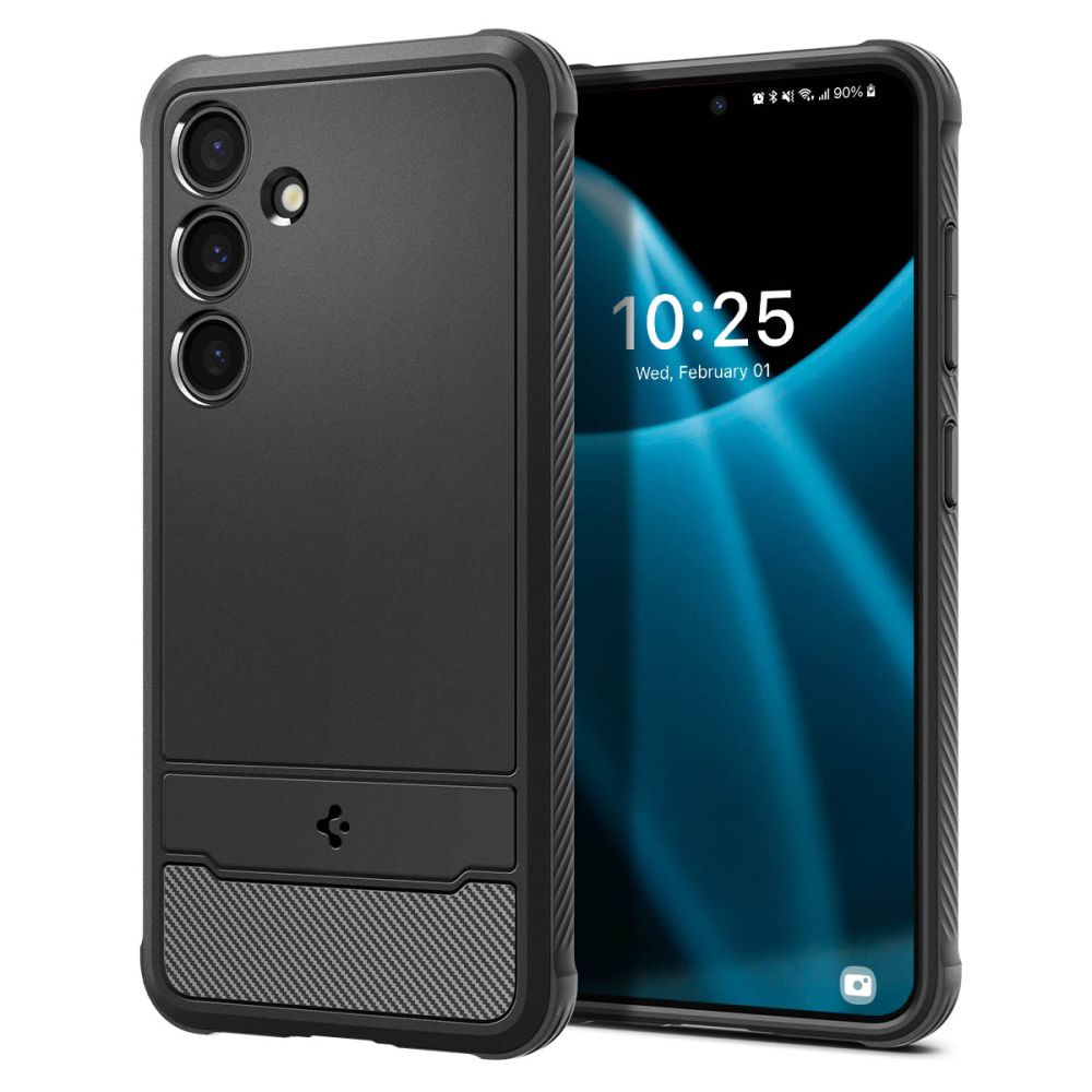 Juodas matinis dėklas Samsung Galaxy S24 Spigen Rugged Armor Juodas matinis dėklas Samsung Galaxy S24 su papildomu tekstūros skyriumi ir apsauga kameros objektyvams