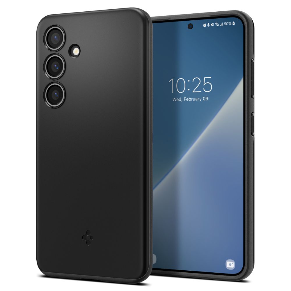 Juodas dėklas Samsung Galaxy S24 Spigen Thin Fit Juodas dėklas Samsung Galaxy S24 Spigen Thin Fit su matiniu paviršiumi ir trimis išmaniojo kameros lęšiais