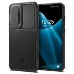 Juodas dėklas Samsung Galaxy S24 Spigen Optik Armor su apsauginiu slankiojančiu kameros dangteliu