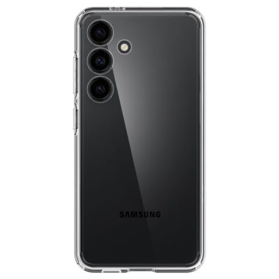 Skaidrus dėklas Samsung Galaxy S24 Spigen Ultra Hybrid, matomas juodos spalvos telefonas su trimis kameromis ir permatomu dėklu