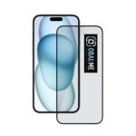 Juodas apsauginis ekrano stikliukas Apple iPhone 15 Plus su OBAL ME logotipu