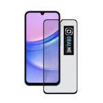 Juodas apsauginis ekrano stikliukas Samsung Galaxy A15 5G OBALME 5D Glass Screen Protector su ekrano apsauga ir logotipu