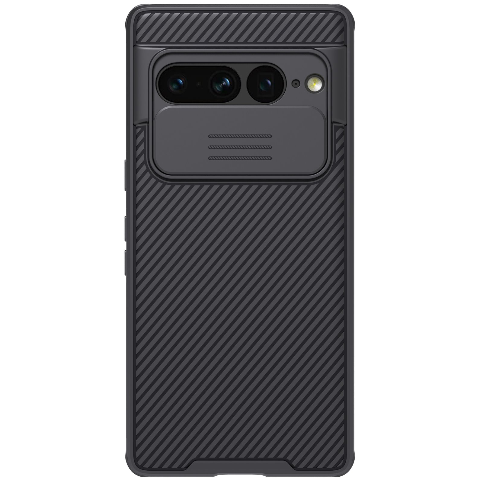 Juodas dėklas Google Pixel 7 Pro Nillkin Camshield Juodas dėklas Google Pixel 7 Pro Nillkin Camshield su kameros uždengimu ir raštuota tekstūra
