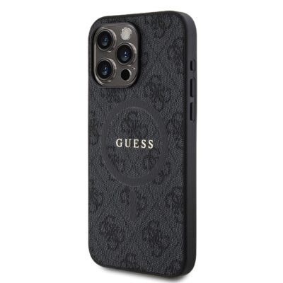 Juodas dėklas Guess PU Leather 4G Colored Ring MagSafe telefonui Apple iPhone 15 Pro Max su logotipu ir raštu