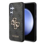 Pilkas originalus dėklas Guess PU 4G Metal Logo telefonui Samsung Galaxy S24 su metaliniu logotipu
