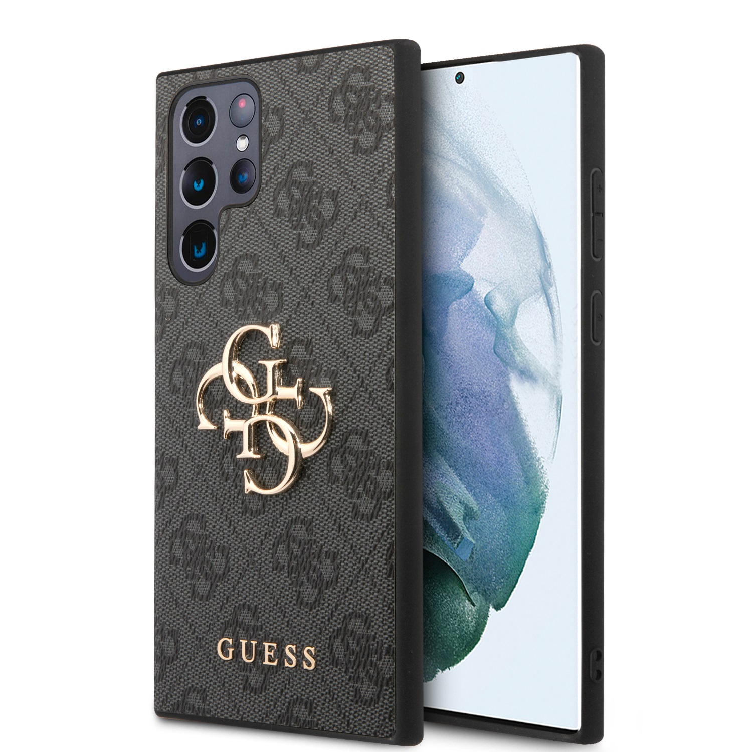 Pilkas originalus dezklas Guess PU 4G Metal Logo Samsung Galaxy S24 Ultra Pilkas originalus dėklas Guess PU 4G Metal Logo telefonui Samsung Galaxy S24 Ultra su auksiniu logotipu