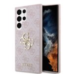 Rausvas originalus dėklas Guess PU 4G Metal Logo telefonui Samsung Galaxy S24 Ultra su aukso spalvos logotipu