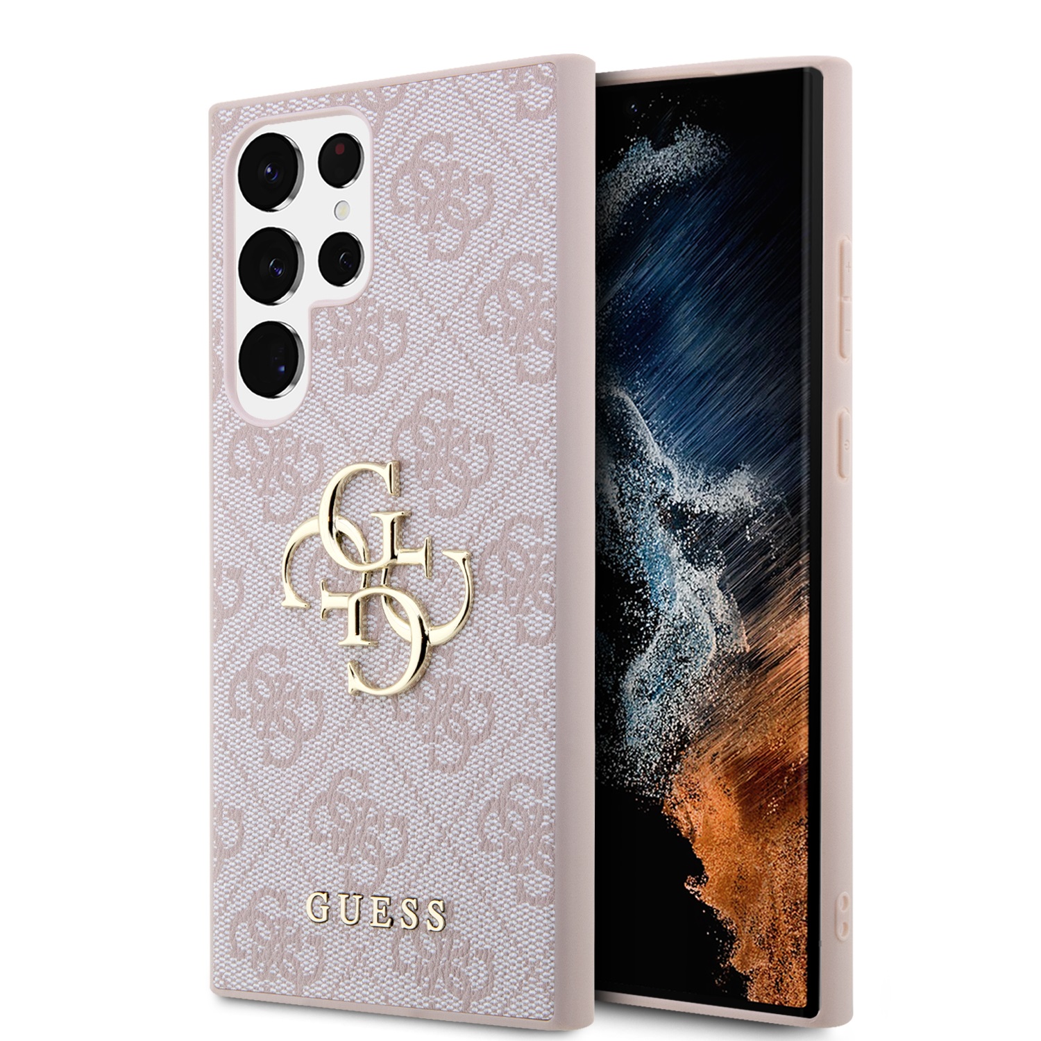 Rausvas originalus dėklas Guess PU 4G Metal Logo telefonui Samsung Galaxy S24 Ultra Rausvas originalus dėklas Guess PU 4G Metal Logo telefonui Samsung Galaxy S24 Ultra su aukso spalvos logotipu