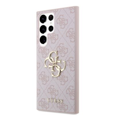 Rausvas originalus dėklas Guess PU 4G Metal Logo telefonui Samsung Galaxy S24 Ultra su metaliniu logotipu