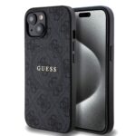 Juodas dėklas Guess PU Leather 4G Colored Ring MagSafe telefonui Apple iPhone 15 su tekstūruota oda ir logotipu