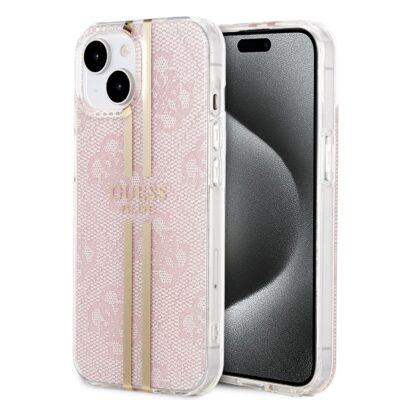 Rausvas originalus dėklas Guess IML 4G Gold Stripe telefonui Apple iPhone 15 su aukso spalvos juostelėmis