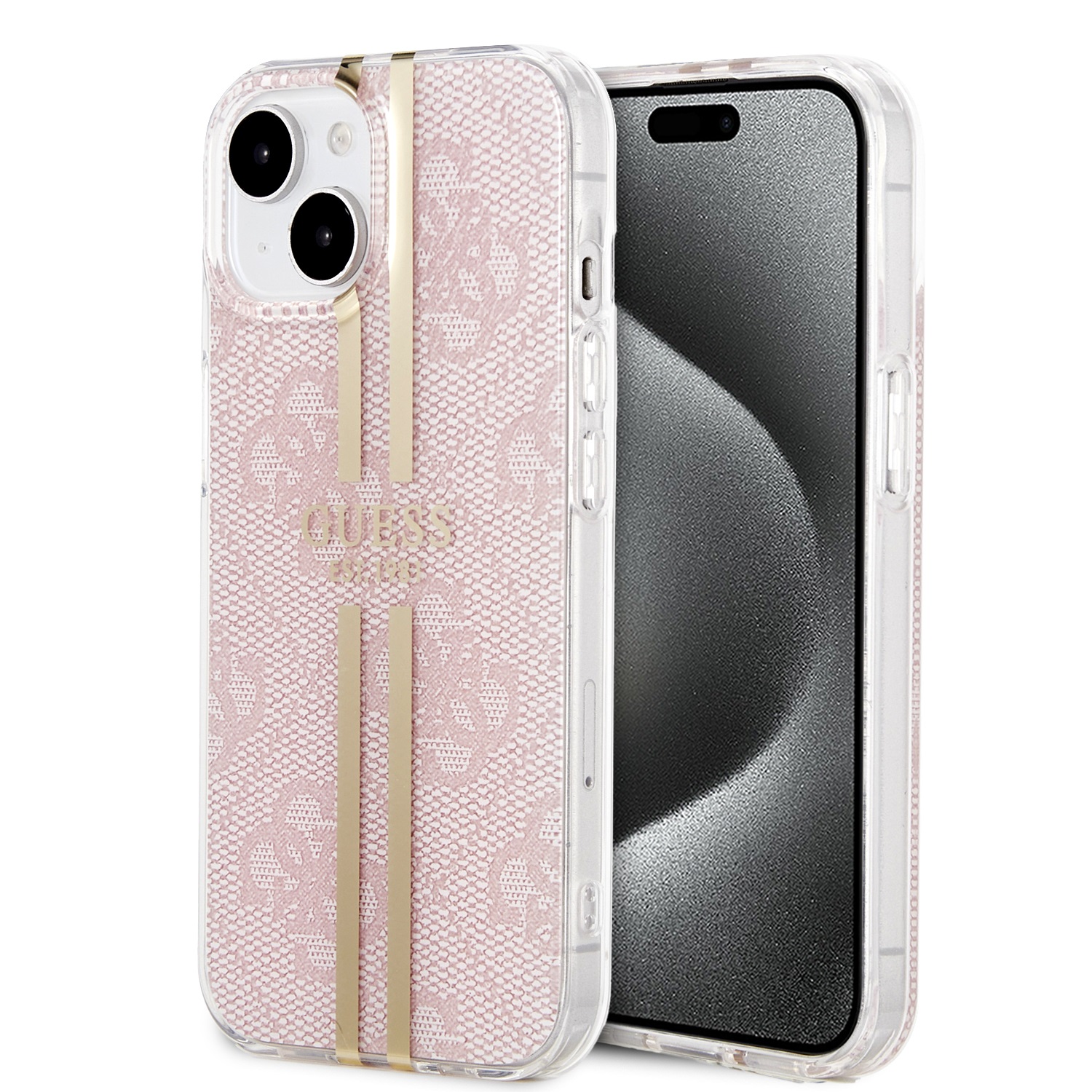 Rausvas originalus dėklas Guess IML 4G Gold Stripe Apple iPhone 15 Rausvas originalus dėklas Guess IML 4G Gold Stripe telefonui Apple iPhone 15 su aukso spalvos juostelėmis