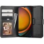 Juodas atverčiamas dėklas Samsung Galaxy Xcover 7 Tech-Protect Wallet su kortelių lizdais ir užsegimu