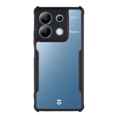 Skaidrus-juodas dėklas Tactical Quantum Stealth telefonui Xiaomi Redmi Note 13 5G mėlynu dizainu ir juoda apsauga kameros srityje