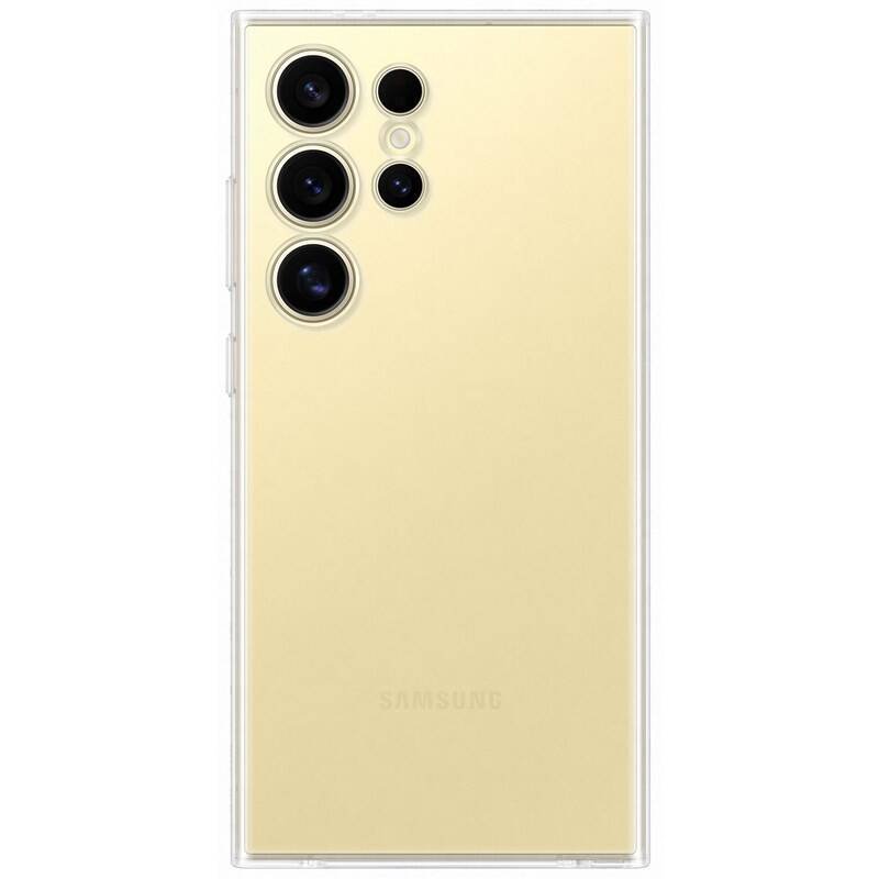 Skaidrus originalus dėklas GP-FPS928SAA Clear Cover telefonui Samsung Galaxy Galaxy S24 Ultra Skaidrus originalus dėklas GP-FPS928SAA Clear Cover telefonui Samsung Galaxy Galaxy S24 Ultra ant geltono telefono nugarėlės