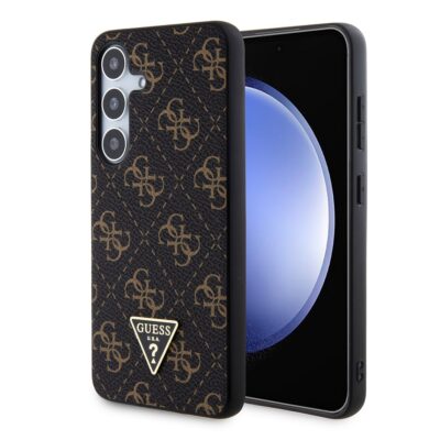 Juodas originalus dėklas Guess PU Leather 4G Triangle Metal Logo telefonui Samsung Galaxy S24 Plus su išskirtiniu raštu